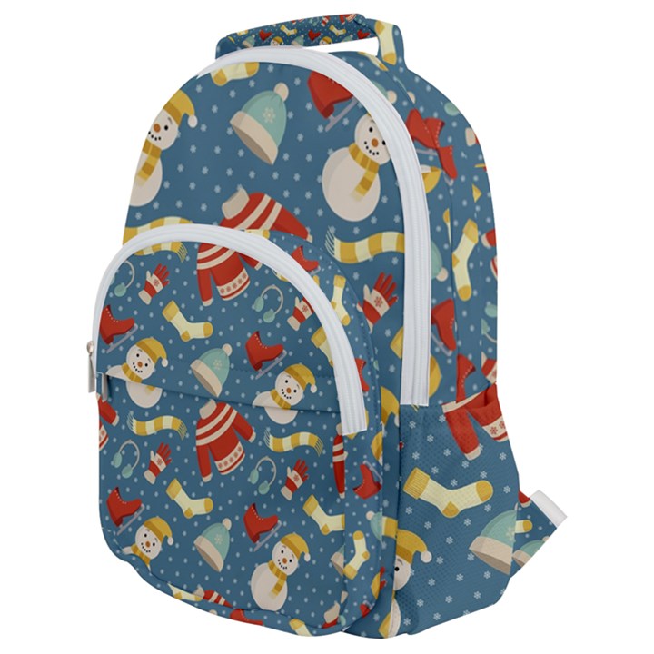 Winter Blue Christmas Snowman Pattern Rounded Multi Pocket Backpack