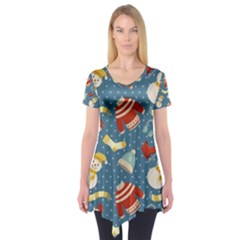 Winter Blue Christmas Snowman Pattern Short Sleeve Tunic  by Grandong