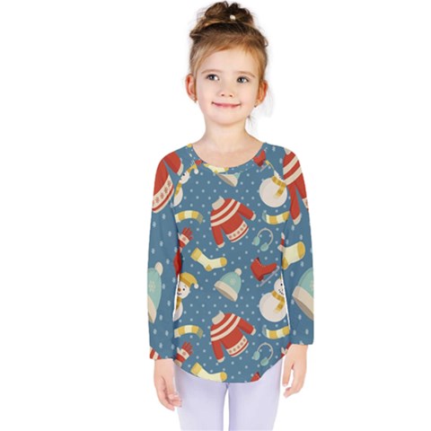 Winter Blue Christmas Snowman Pattern Kids  Long Sleeve T-shirt by Grandong