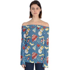 Winter Blue Christmas Snowman Pattern Off Shoulder Long Sleeve Top by Grandong