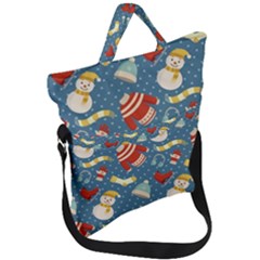 Winter Blue Christmas Snowman Pattern Fold Over Handle Tote Bag by Grandong