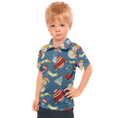 Winter Blue Christmas Snowman Pattern Kids  Polo T-shirt