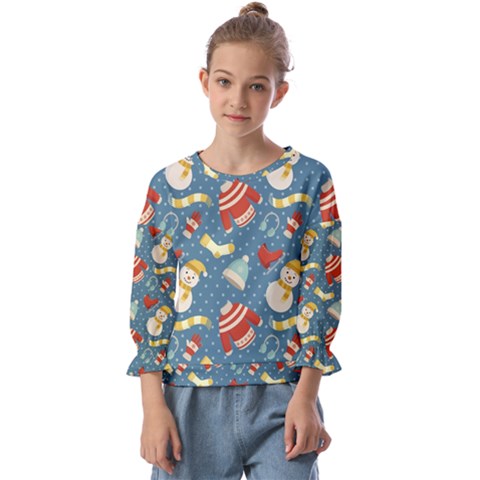 Winter Blue Christmas Snowman Pattern Kids  Cuff Sleeve Top by Grandong