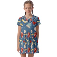 Winter Blue Christmas Snowman Pattern Kids  Asymmetric Collar Dress by Grandong