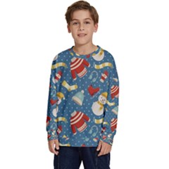 Winter Blue Christmas Snowman Pattern Kids  Crewneck Sweatshirt by Grandong