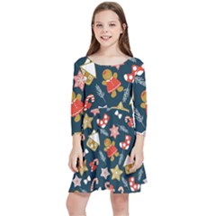 New Year Christmas Winter Pattern Kids  Quarter Sleeve Skater Dress by Grandong