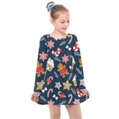 New Year Christmas Winter Pattern Kids  Long Sleeve Dress by Grandong