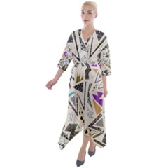 90s Geometric Christmas Pattern Quarter Sleeve Wrap Front Maxi Dress by Grandong