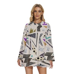 90s Geometric Christmas Pattern Round Neck Long Sleeve Bohemian Style Chiffon Mini Dress