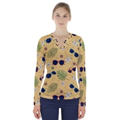 Seamless Pattern Of Sunglasses Tropical Leaves And Flower V-neck Long Sleeve Top by Grandong