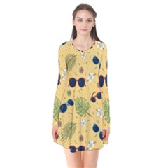 Seamless Pattern Of Sunglasses Tropical Leaves And Flower Long Sleeve V-neck Flare Dress by Grandong