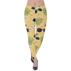 Seamless Pattern Of Sunglasses Tropical Leaves And Flower Velvet Leggings