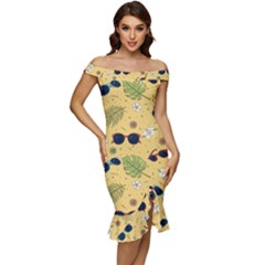 Seamless Pattern Of Sunglasses Tropical Leaves And Flower Off Shoulder Ruffle Split Hem Bodycon Dress by Grandong