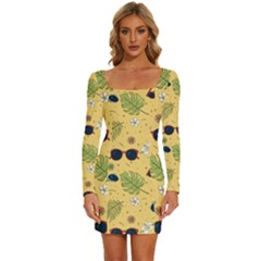 Seamless Pattern Of Sunglasses Tropical Leaves And Flower Long Sleeve Square Neck Bodycon Velvet Dress by Grandong