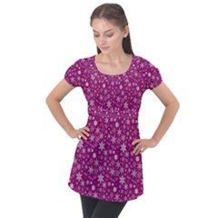 Purple Christmas Pattern Puff Sleeve Tunic Top