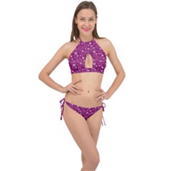 Purple Christmas Pattern Cross Front Halter Bikini Set