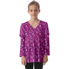 Purple Christmas Pattern Kids  V Neck Casual Top