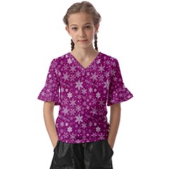 Purple Christmas Pattern Kids  V-neck Horn Sleeve Blouse