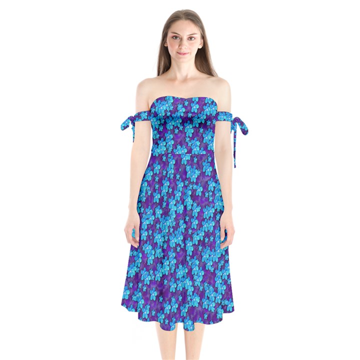 Flowers And Bloom In Perfect Lovely Harmony Shoulder Tie Bardot Midi Dress