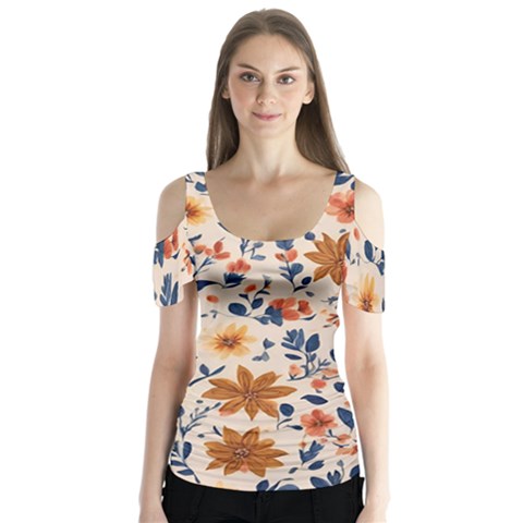 Boho Flowers Seamless Patternn Butterfly Sleeve Cutout T-shirt  by Jack14