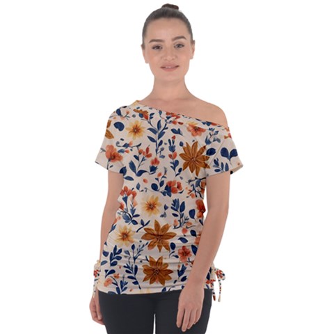 Boho Flowers Seamless Patternn Off Shoulder Tie-up T-shirt by Jack14