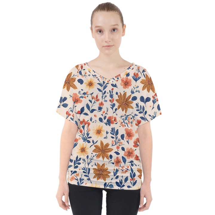 Boho Flowers Seamless Patternn V-Neck Dolman Drape Top