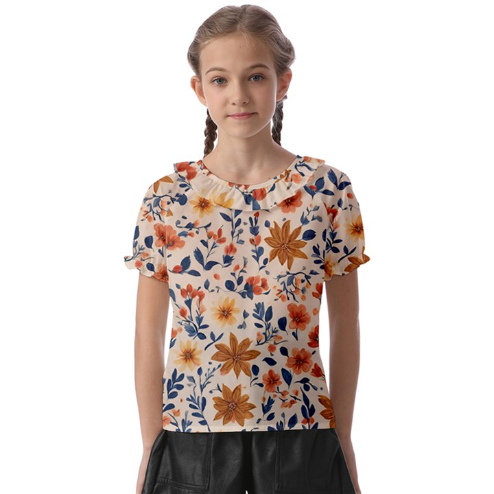 Boho Flowers Seamless Patternn Kids  Frill Chiffon Blouse