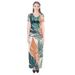 Colorful Tropical Leaf Short Sleeve Maxi Dress