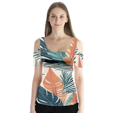 Colorful Tropical Leaf Butterfly Sleeve Cutout T-shirt  by Jack14