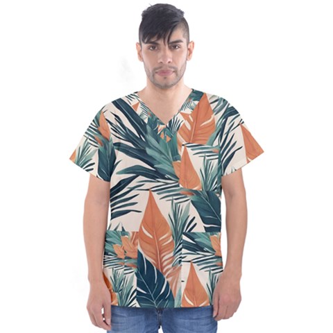 Colorful Tropical Leaf Men s V-neck Scrub Top by Jack14