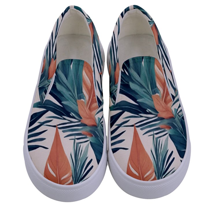 Colorful Tropical Leaf Kids  Canvas Slip Ons