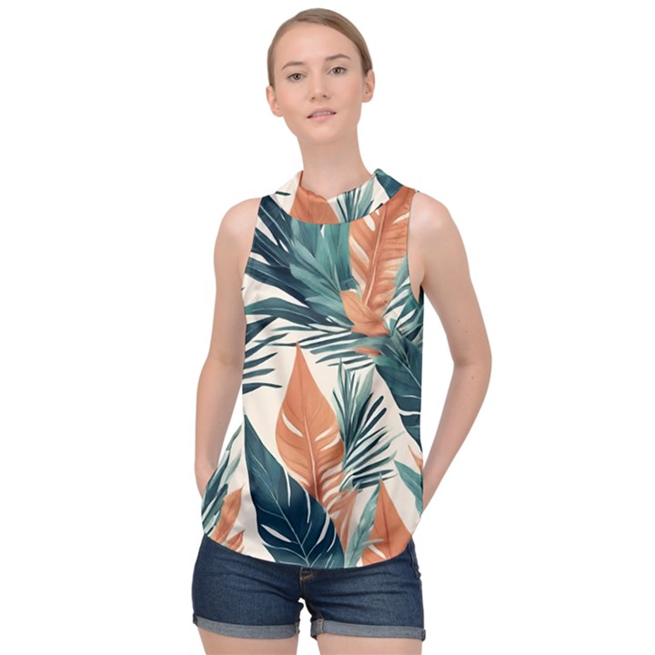 Colorful Tropical Leaf High Neck Satin Top