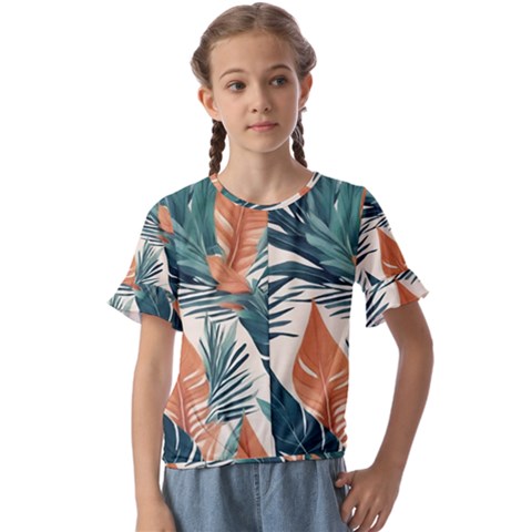 Colorful Tropical Leaf Kids  Cuff Sleeve Scrunch Bottom T-shirt by Jack14