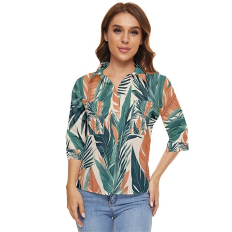 Colorful Tropical Leaf Women s Quarter Sleeve Pocket Shirt by Jack14