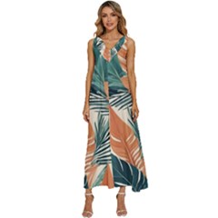 Colorful Tropical Leaf V-neck Sleeveless Loose Fit Overalls by Jack14