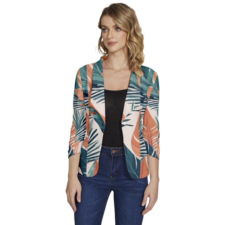 Colorful Tropical Leaf Women s One-Button 3/4 Sleeve Short Jacket