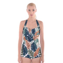 Tropical Leaf Boyleg Halter Swimsuit 