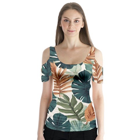 Tropical Leaf Butterfly Sleeve Cutout T-shirt  by Jack14