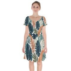 Tropical Leaf Short Sleeve Bardot Dress by Jack14