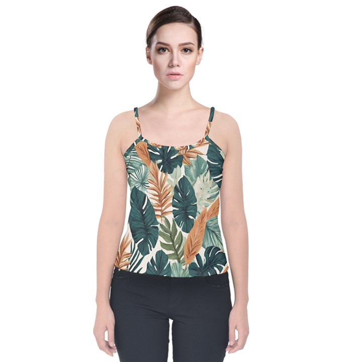 Tropical Leaf Velvet Spaghetti Strap Top