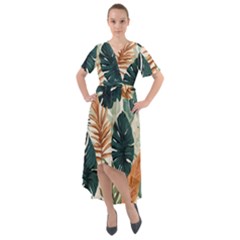 Tropical Leaf Front Wrap High Low Dress by Jack14