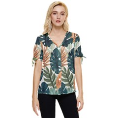 Tropical Leaf Bow Sleeve Button Up Top by Jack14