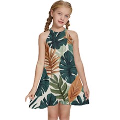 Tropical Leaf Kids  Halter Collar Waist Tie Chiffon Dress by Jack14