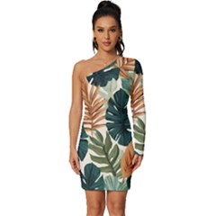 Tropical Leaf Long Sleeve One Shoulder Mini Dress by Jack14