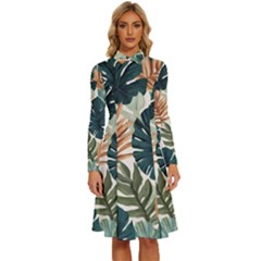 Tropical Leaf Long Sleeve Shirt Collar A-line Dress by Jack14