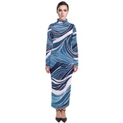 Abstract Blue Ocean Wave Turtleneck Maxi Dress