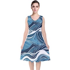 Abstract Blue Ocean Wave V-neck Midi Sleeveless Dress  by Jack14