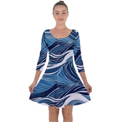 Abstract Blue Ocean Wave Quarter Sleeve Skater Dress by Jack14