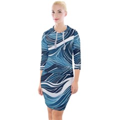 Abstract Blue Ocean Wave Quarter Sleeve Hood Bodycon Dress by Jack14