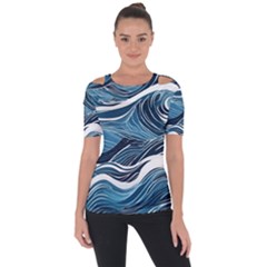 Abstract Blue Ocean Wave Shoulder Cut Out Short Sleeve Top by Jack14